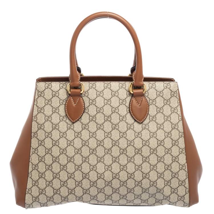 Pre Owned Gucci Beige/Brown GG Supreme Canvas And Leather Top Handle Bag
