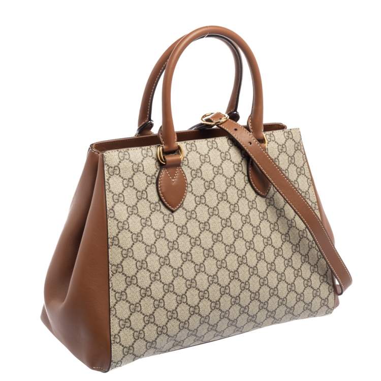 Pre Owned Gucci Beige/Brown GG Supreme Canvas And Leather Top Handle Bag