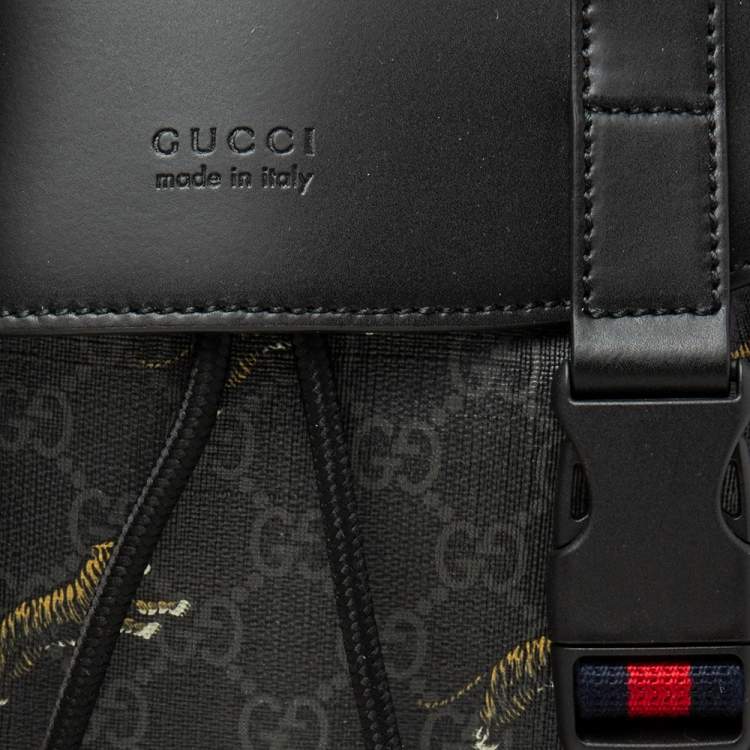 Pre Owned Gucci Black/Grey GG Supreme And Leather Tiger Backpack