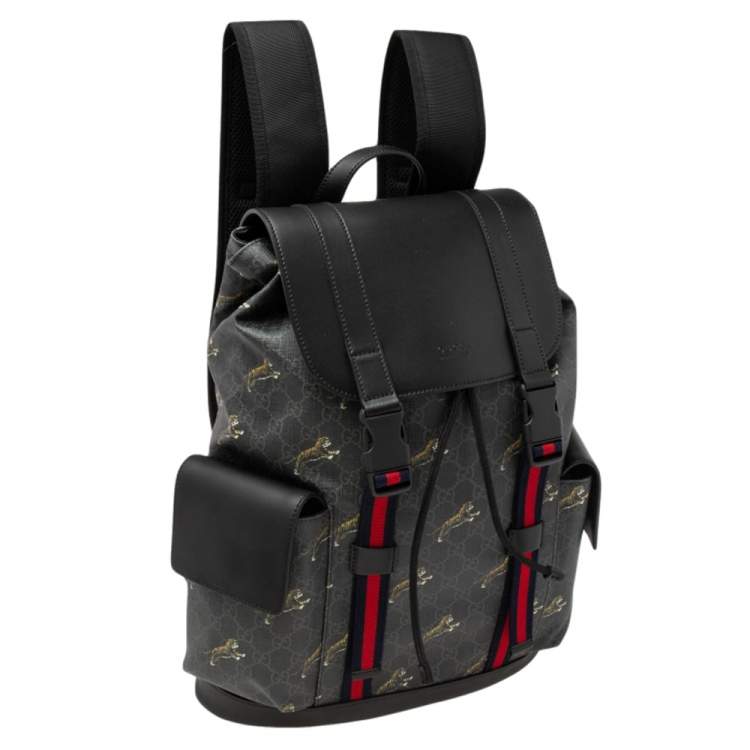 Pre Owned Gucci Black/Grey GG Supreme And Leather Tiger Backpack