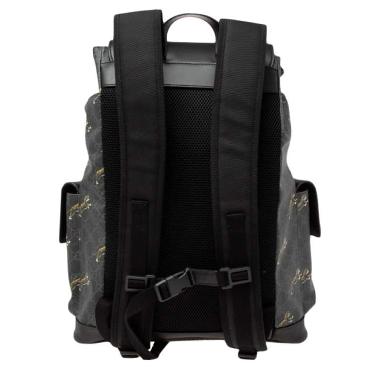 Pre Owned Gucci Black/Grey GG Supreme And Leather Tiger Backpack