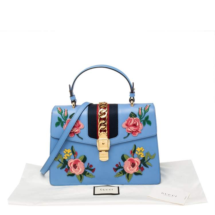 مملوكة مسبقًا Gucci Blue Floral Embroidered Leather Medium Sylvie Top Handle Bag