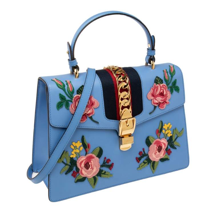 مملوكة مسبقًا Gucci Blue Floral Embroidered Leather Medium Sylvie Top Handle Bag