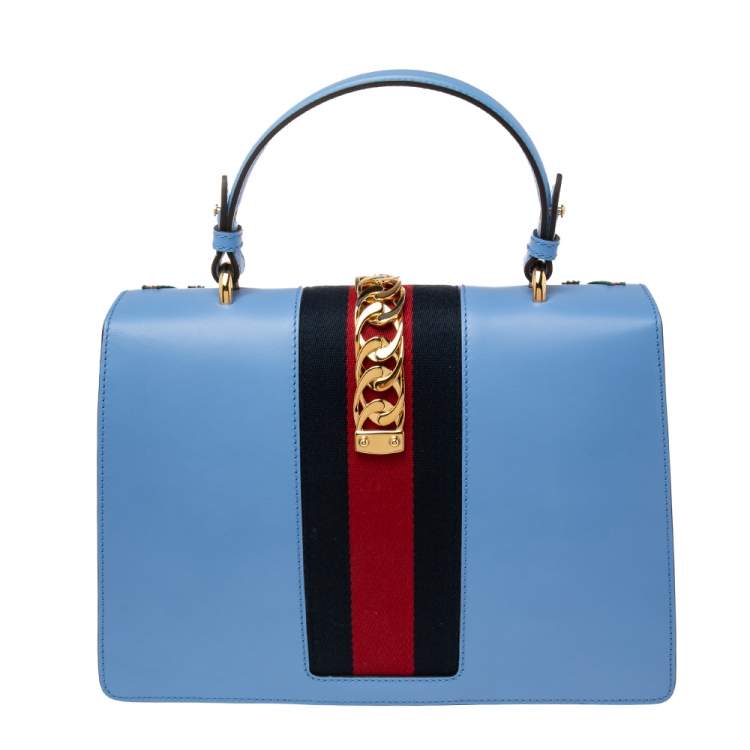 مملوكة مسبقًا Gucci Blue Floral Embroidered Leather Medium Sylvie Top Handle Bag