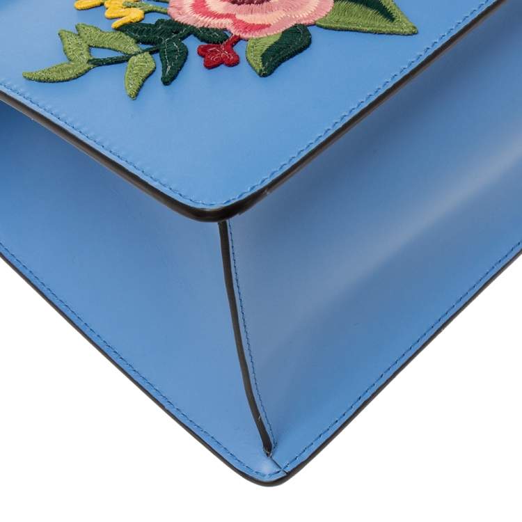 مملوكة مسبقًا Gucci Blue Floral Embroidered Leather Medium Sylvie Top Handle Bag