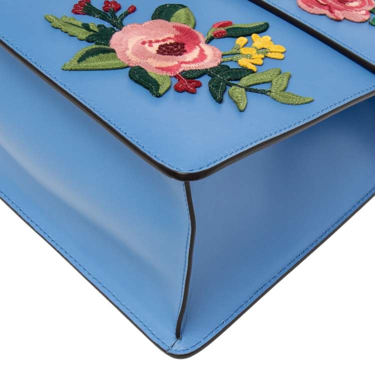 مملوكة مسبقًا Gucci Blue Floral Embroidered Leather Medium Sylvie Top Handle Bag