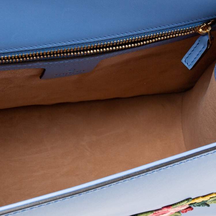 مملوكة مسبقًا Gucci Blue Floral Embroidered Leather Medium Sylvie Top Handle Bag