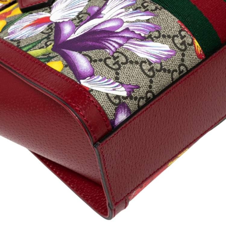 Pre Owned Gucci Red GG Supreme Canvas and Leather Small Ophidia Floral Tote 