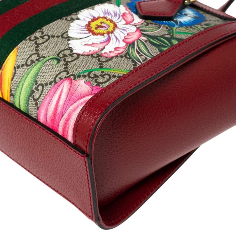 Pre Owned Gucci Red GG Supreme Canvas and Leather Small Ophidia Floral Tote 