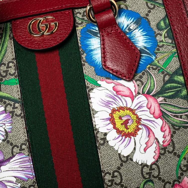 Pre Owned Gucci Red GG Supreme Canvas and Leather Small Ophidia Floral Tote 