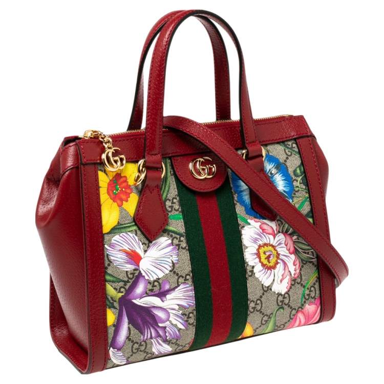 Pre Owned Gucci Red GG Supreme Canvas and Leather Small Ophidia Floral Tote 