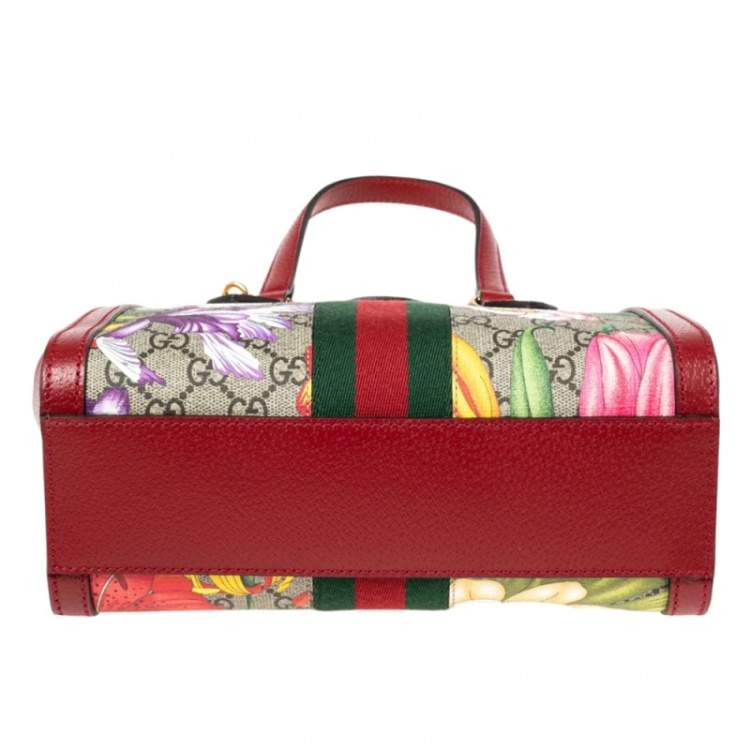 Pre Owned Gucci Red GG Supreme Canvas and Leather Small Ophidia Floral Tote 