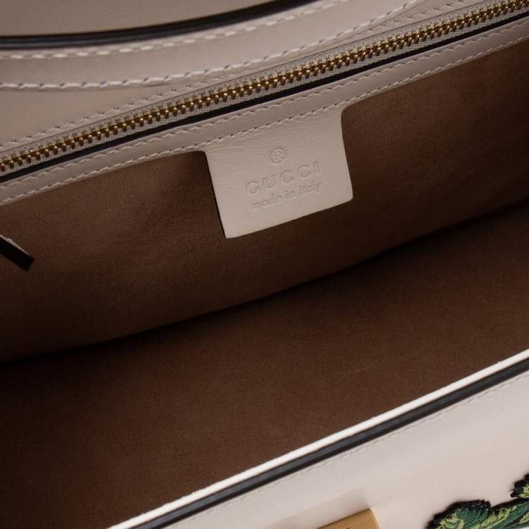 Pre Owned Gucci White Leather Medium Sylvie Embroidered Top Handle Bag