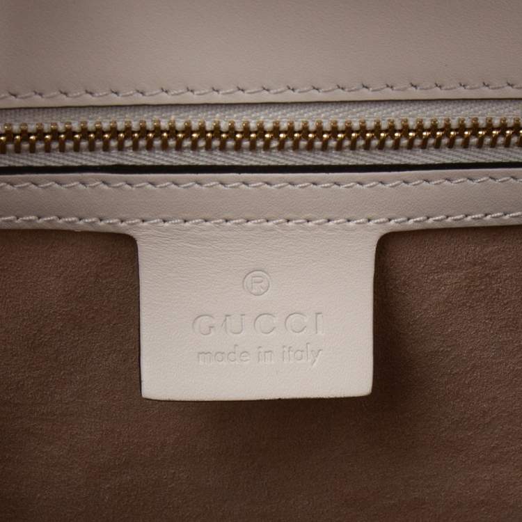Pre Owned Gucci White Leather Medium Sylvie Embroidered Top Handle Bag