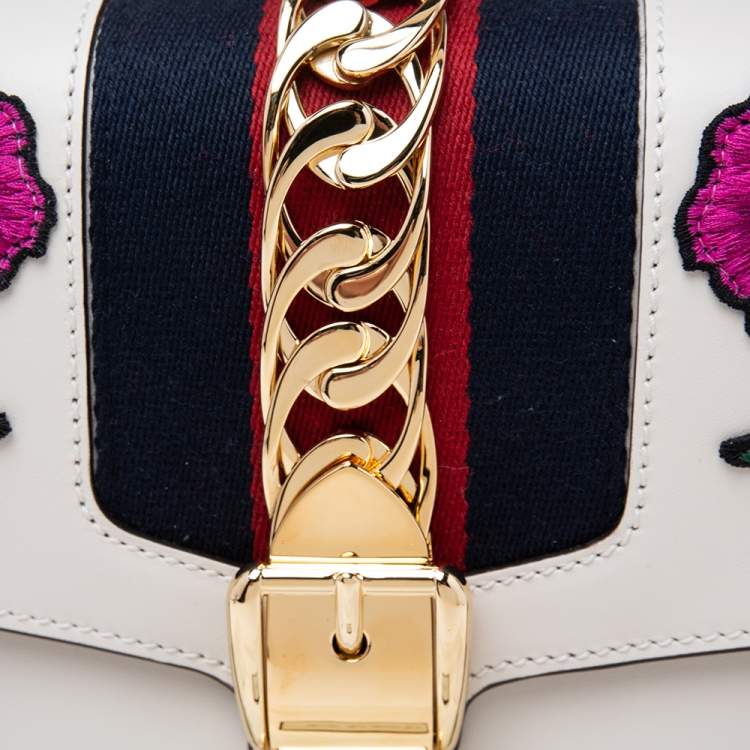 Pre Owned Gucci White Leather Medium Sylvie Embroidered Top Handle Bag