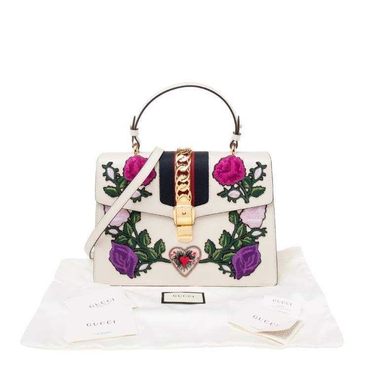Pre Owned Gucci White Leather Medium Sylvie Embroidered Top Handle Bag