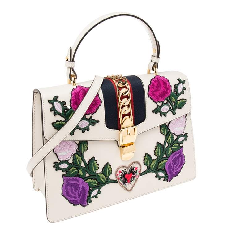 Pre Owned Gucci White Leather Medium Sylvie Embroidered Top Handle Bag