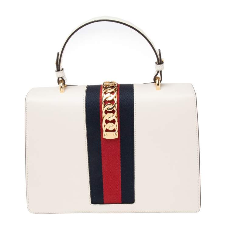Pre Owned Gucci White Leather Medium Sylvie Embroidered Top Handle Bag