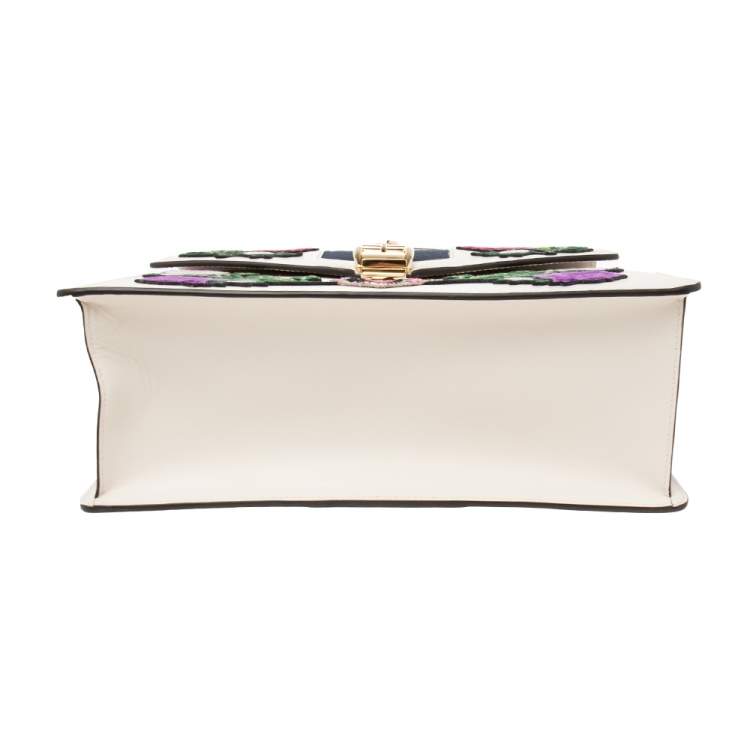 Pre Owned Gucci White Leather Medium Sylvie Embroidered Top Handle Bag
