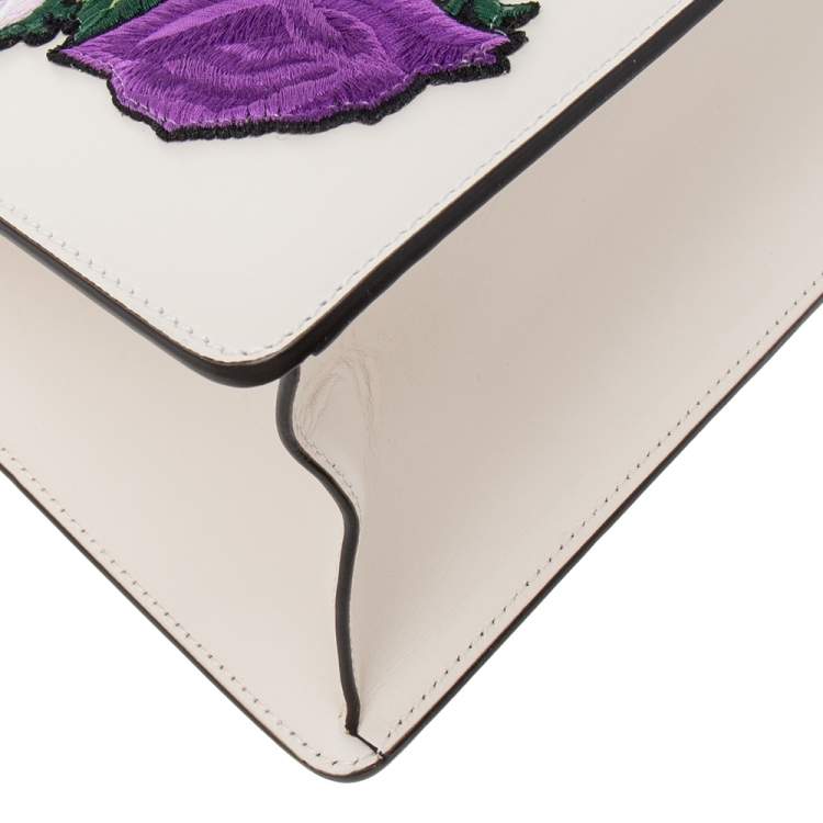 Pre Owned Gucci White Leather Medium Sylvie Embroidered Top Handle Bag