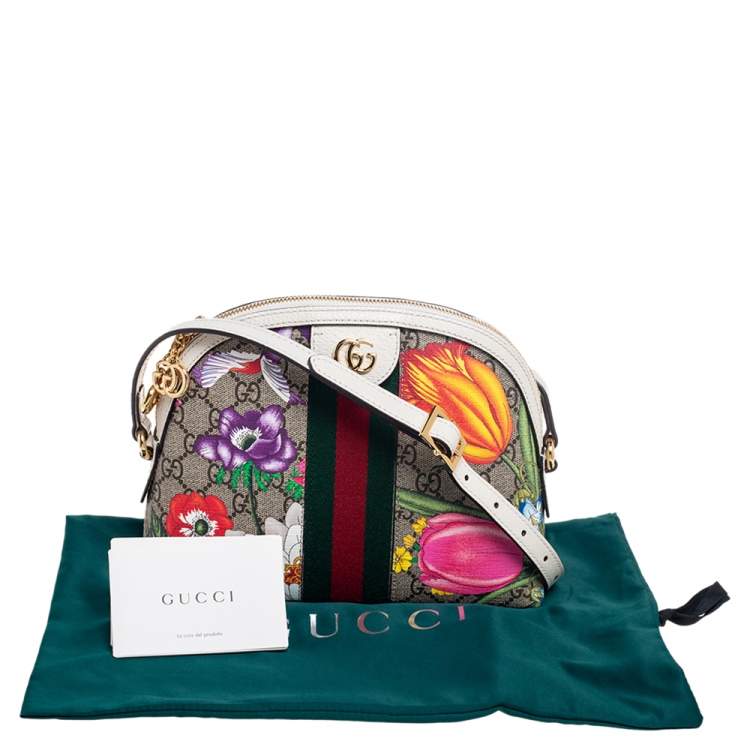 Pre Owned Gucci Beige/White GG Supreme Flora Canvas And Leather Small Ophidia Shoulder Bag
