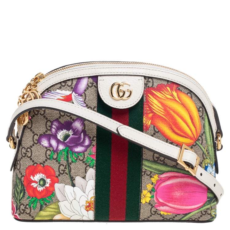 Pre Owned Gucci Beige/White GG Supreme Flora Canvas And Leather Small Ophidia Shoulder Bag