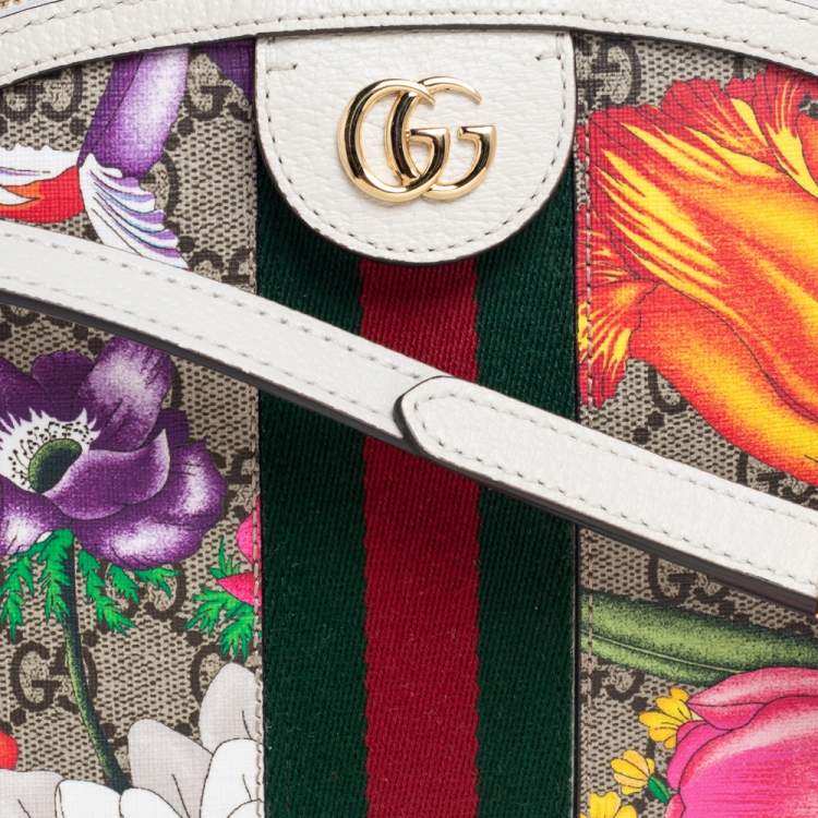 Pre Owned Gucci Beige/White GG Supreme Flora Canvas And Leather Small Ophidia Shoulder Bag