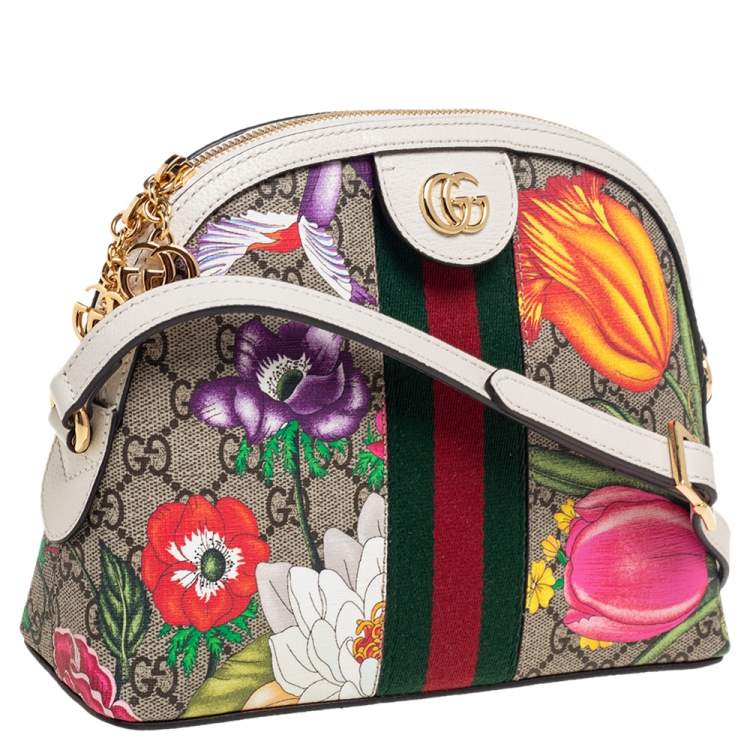 Pre Owned Gucci Beige/White GG Supreme Flora Canvas And Leather Small Ophidia Shoulder Bag