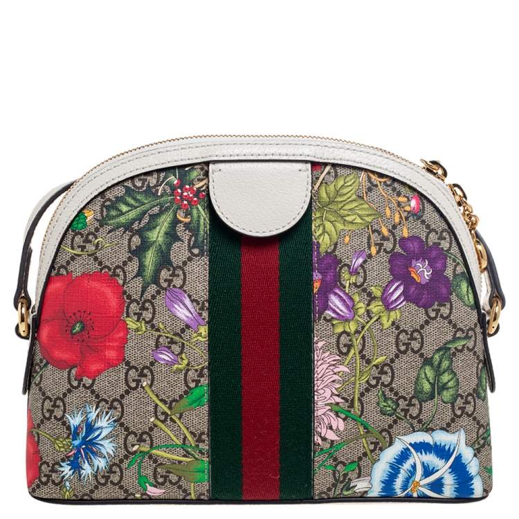 Pre Owned Gucci Beige/White GG Supreme Flora Canvas And Leather Small Ophidia Shoulder Bag