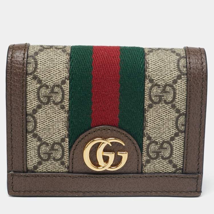 Pre Owned Gucci Beige/Brown GG Supreme Canvas and Leather Ophidia Web Compact Wallet