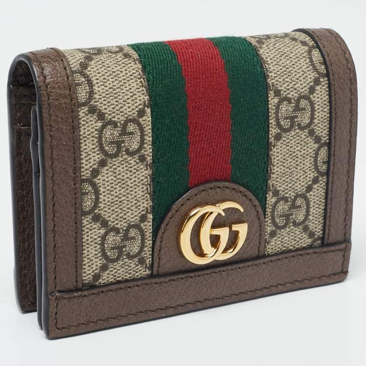 Pre Owned Gucci Beige/Brown GG Supreme Canvas and Leather Ophidia Web Compact Wallet
