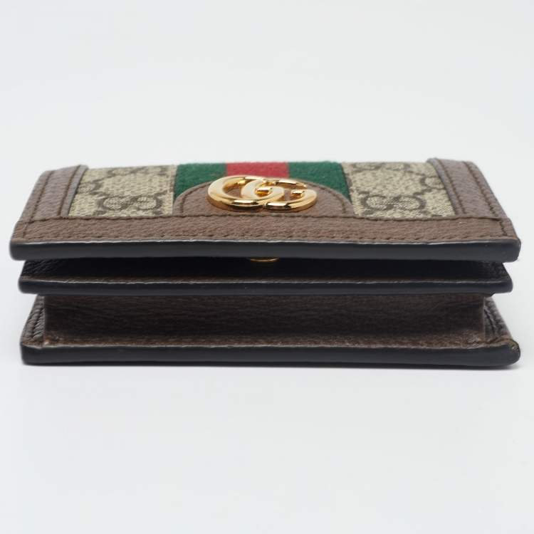 Pre Owned Gucci Beige/Brown GG Supreme Canvas and Leather Ophidia Web Compact Wallet