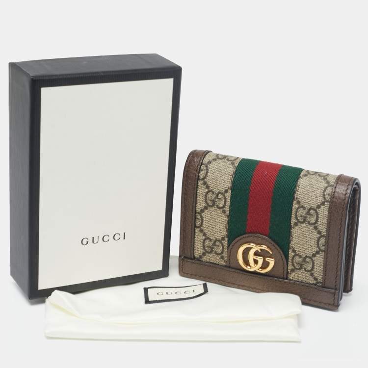 Pre Owned Gucci Beige/Brown GG Supreme Canvas and Leather Ophidia Web Compact Wallet