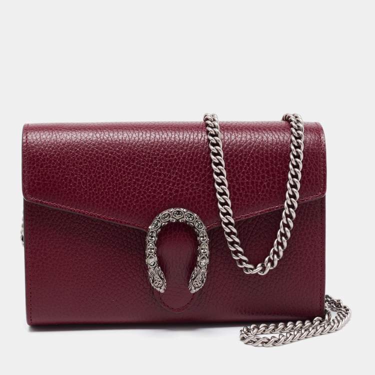 Pre Owned Gucci Dark Red Leather Dionysus Wallet On Chain