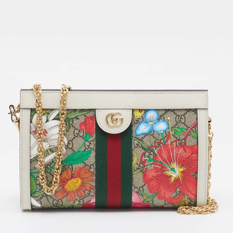 Pre Owned Gucci Beige/White GG Supreme Canvas And Leather Floral Ophidia Chain Bag