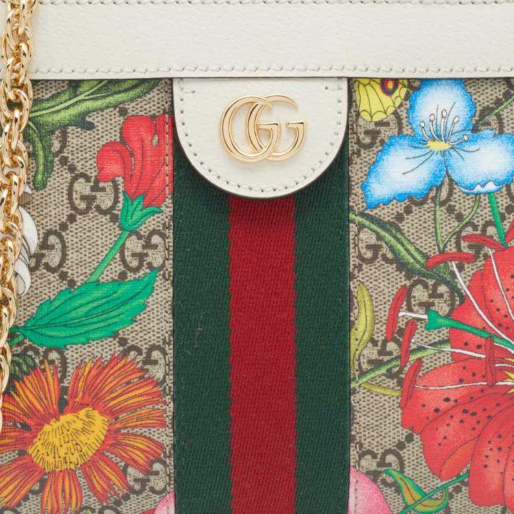 Pre Owned Gucci Beige/White GG Supreme Canvas And Leather Floral Ophidia Chain Bag