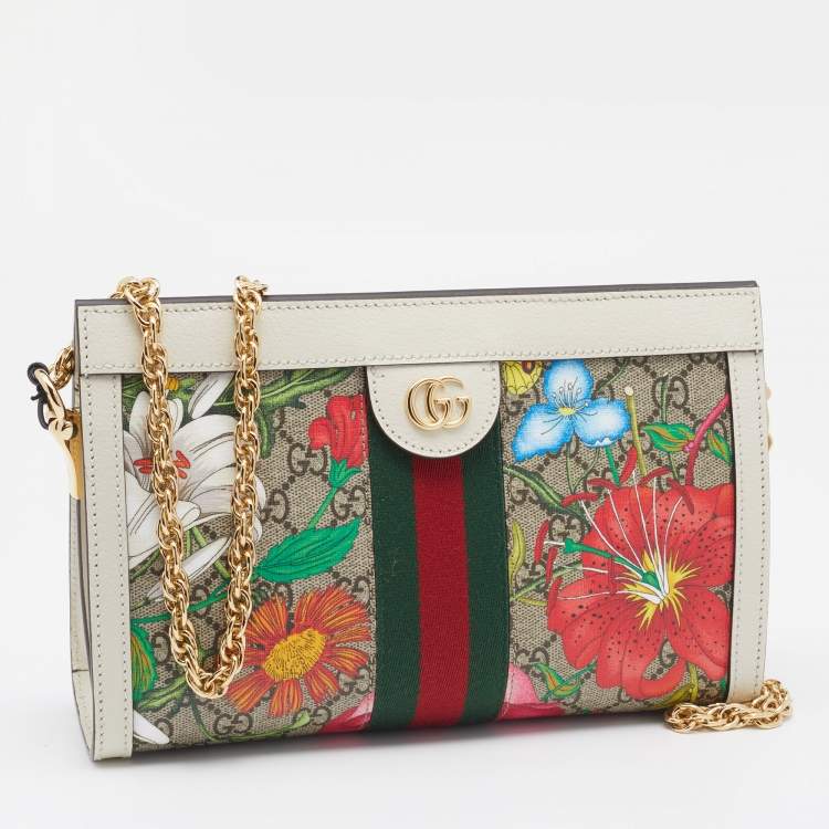 Pre Owned Gucci Beige/White GG Supreme Canvas And Leather Floral Ophidia Chain Bag