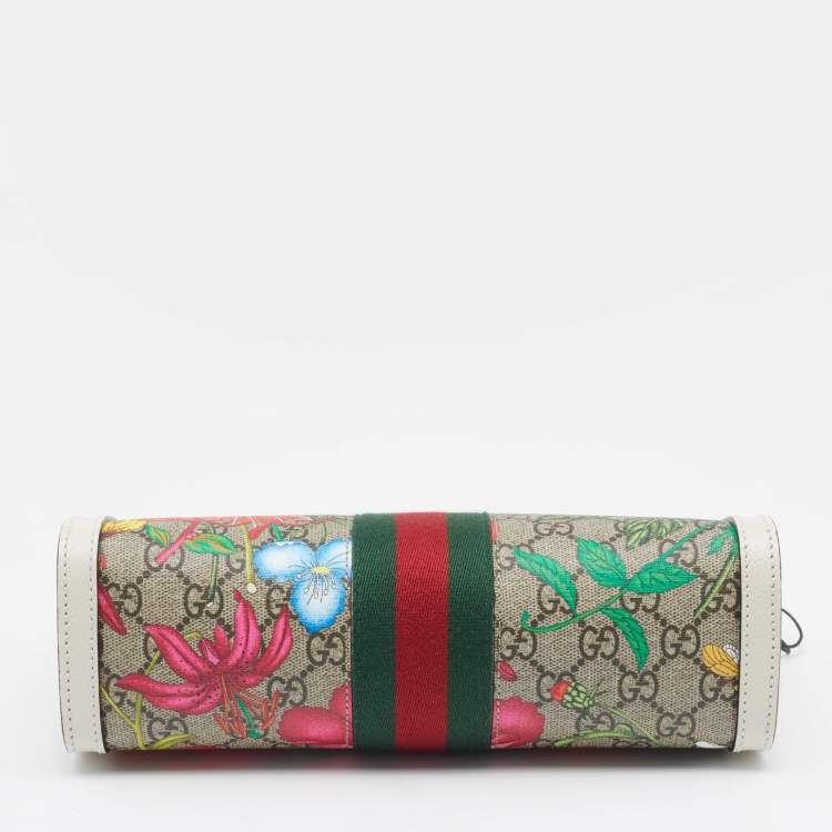 Pre Owned Gucci Beige/White GG Supreme Canvas And Leather Floral Ophidia Chain Bag