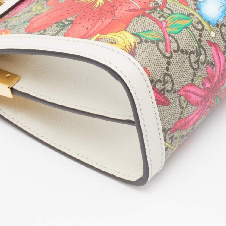 Pre Owned Gucci Beige/White GG Supreme Canvas And Leather Floral Ophidia Chain Bag