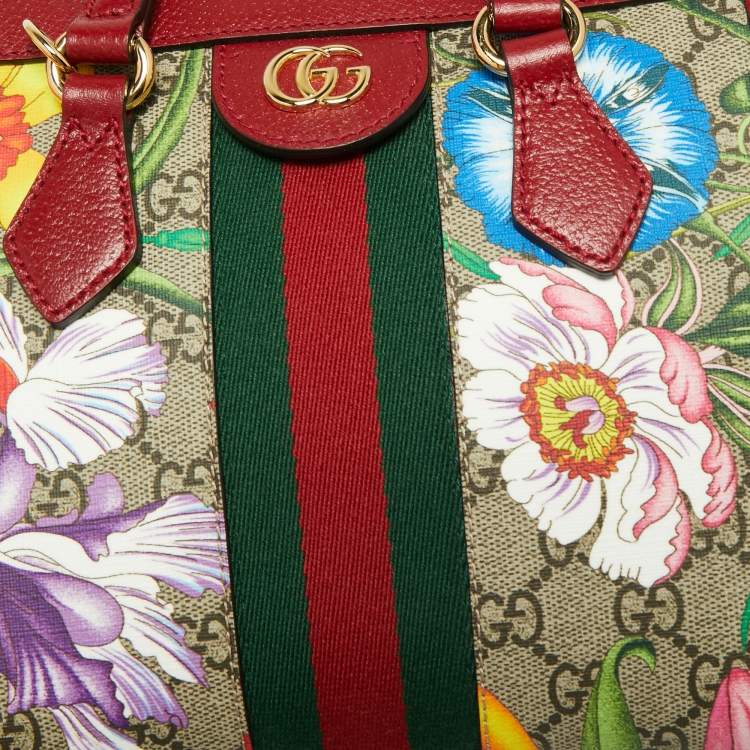 Pre Owned Gucci Multicolor GG Supreme Flora Canvas and Leather Small Ophidia Tote