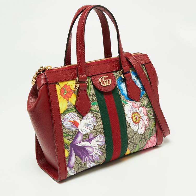 Pre Owned Gucci Multicolor GG Supreme Flora Canvas and Leather Small Ophidia Tote