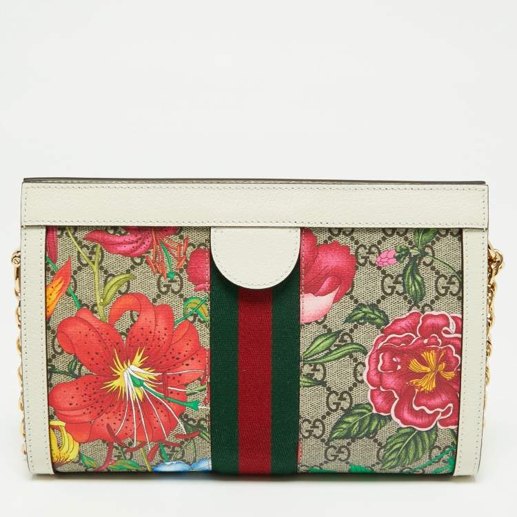 Pre Owned Gucci Multicolor GG Supreme Canvas and Leather Small Floral Ophidia Floral Shoulder Bag