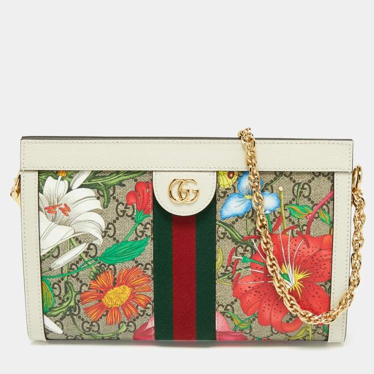 Pre Owned Gucci Multicolor GG Supreme Canvas and Leather Small Floral Ophidia Floral Shoulder Bag