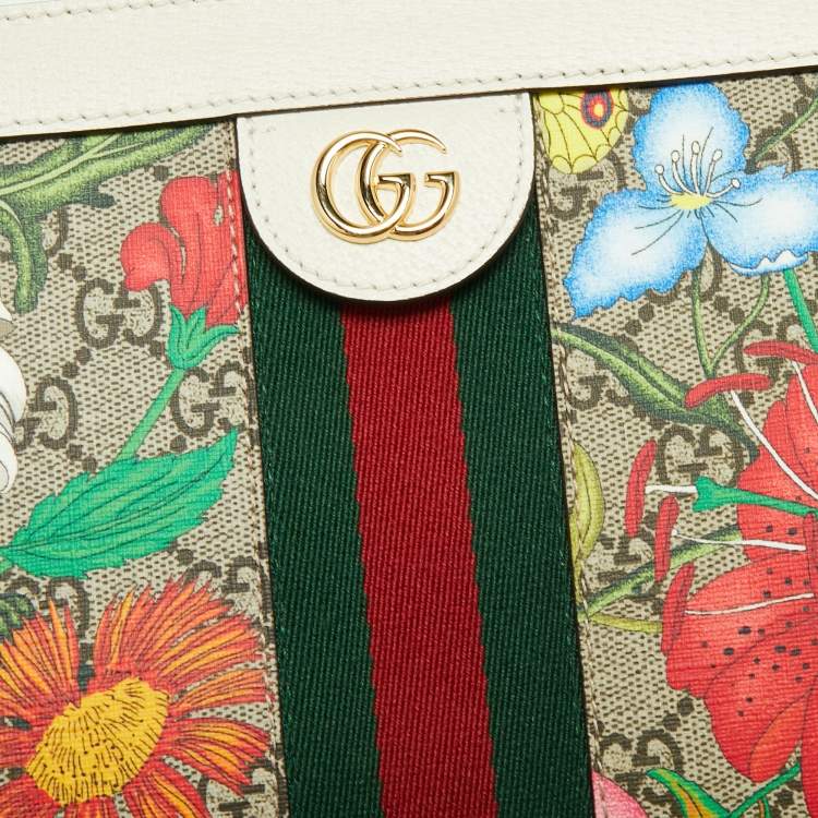 Pre Owned Gucci Multicolor GG Supreme Canvas and Leather Small Floral Ophidia Floral Shoulder Bag