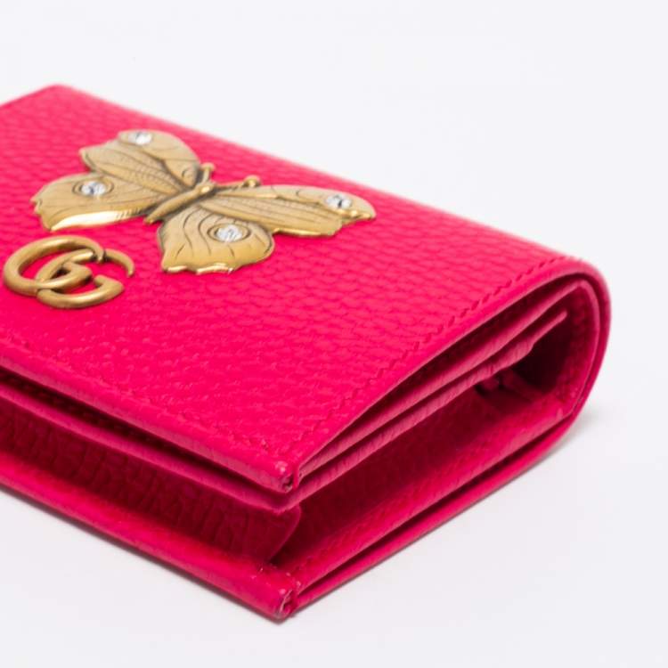 Pre Owned Gucci Hot Pink Leather Butterfly Embellished Card Case