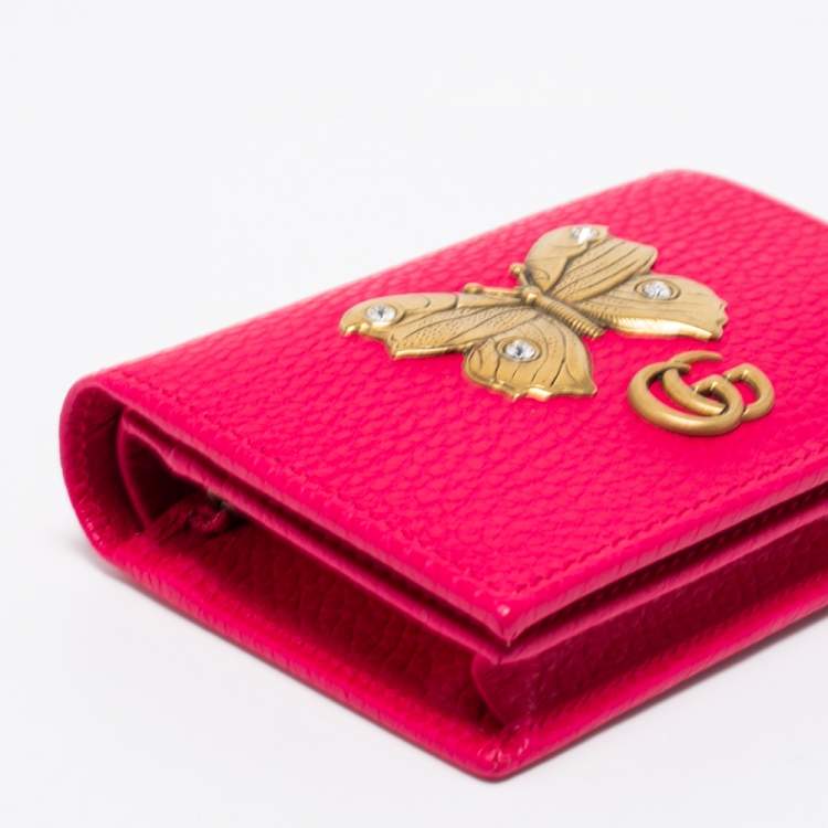 Pre Owned Gucci Hot Pink Leather Butterfly Embellished Card Case