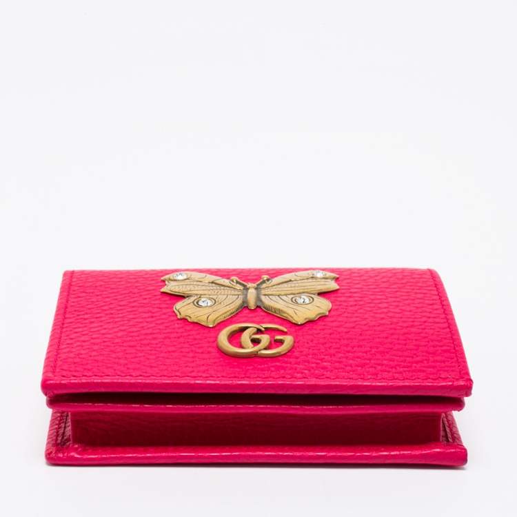 Pre Owned Gucci Hot Pink Leather Butterfly Embellished Card Case