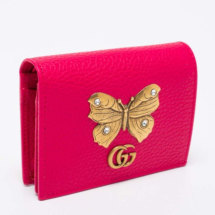 Pre Owned Gucci Hot Pink Leather Butterfly Embellished Card Case