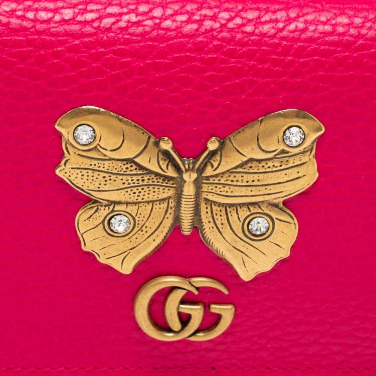Pre Owned Gucci Hot Pink Leather Butterfly Embellished Card Case