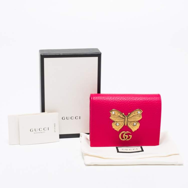 Pre Owned Gucci Hot Pink Leather Butterfly Embellished Card Case